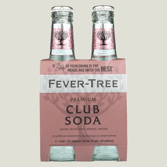 Pack of Fever-Tree Club Soda bottles on a white background