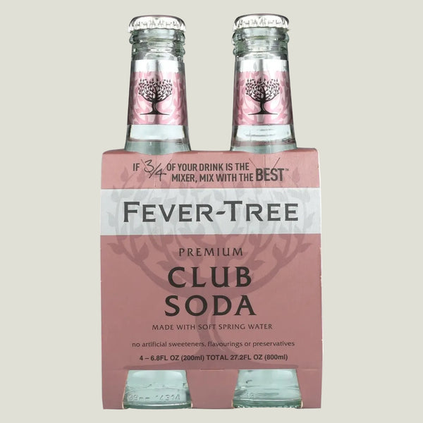 Pack of Fever-Tree Club Soda bottles on a white background