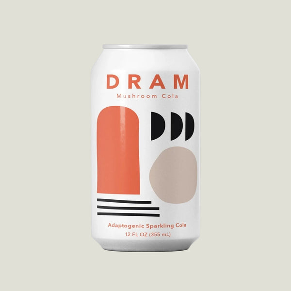 Dram Mushroom Cola can with geometric design on a light gray background