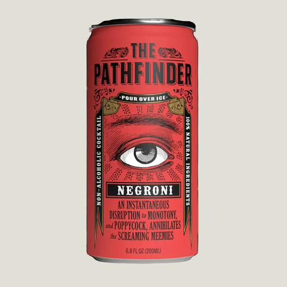 Red can of 'The Pathfinder' Negroni cocktail on a white background