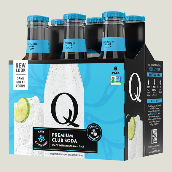 6-pack of Q Premium Club Soda with blue and black packaging.