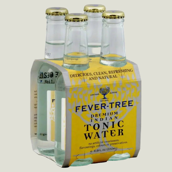 Pack of Fever-Tree premium Indian tonic water bottles with yellow label