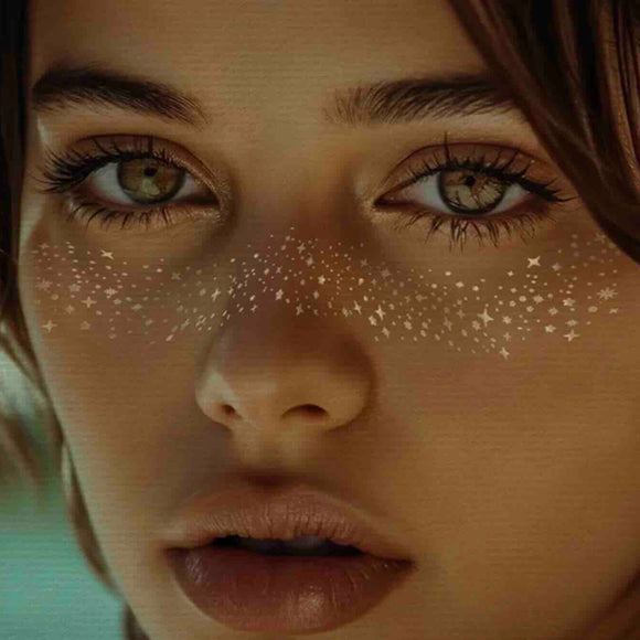 Close-up of a person with star-shaped makeup freckles on their face