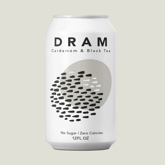 DRAM cardamom & black tea can on a light gray background