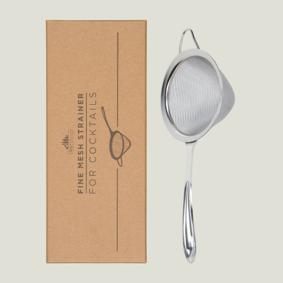Stainless steel fine mesh strainer for cocktails with a cardboard box labeled 'Fine Mesh Strainer for Cocktails' on a white background.
