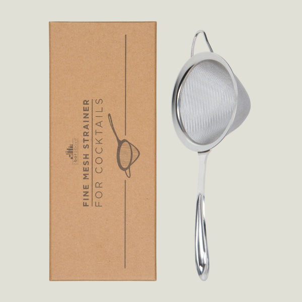Stainless steel fine mesh strainer for cocktails with a cardboard box labeled 'Fine Mesh Strainer for Cocktails' on a white background.