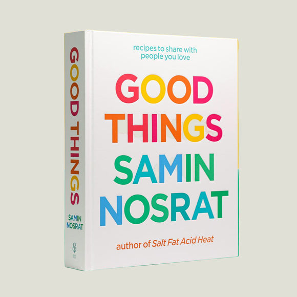 Book titled 'Good Things' by Samin Nosrat on a yellow and green background