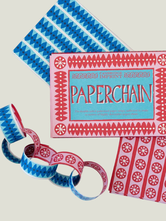 Packaging of Paperchain with blue and red paper chains on a white background
