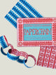 Packaging of Paperchain with blue and red paper chains on a white background