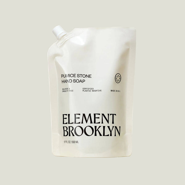 A white refill pouch of Element Brooklyn Pumice Stone Hand Soap with a white spout cap, photographed against a solid off-white background.