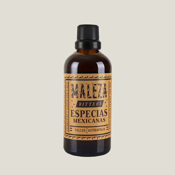 Bottle of Maleza Bitters Especias Mexicanas on a white background