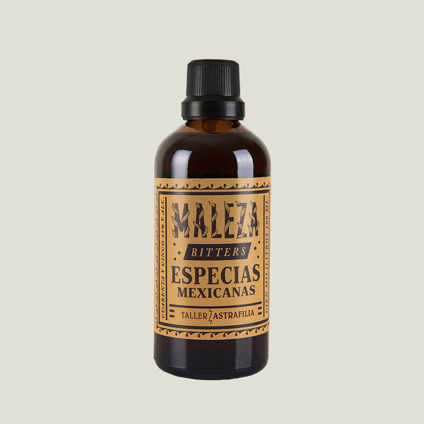 Bottle of Maleza Bitters Especias Mexicanas on a white background