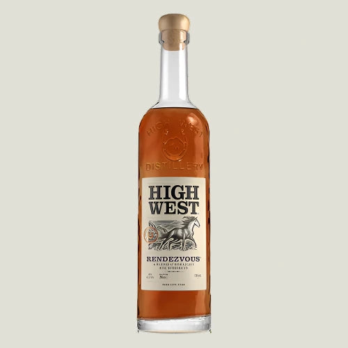 Bottle of High West Rendezvous whiskey on a white background
