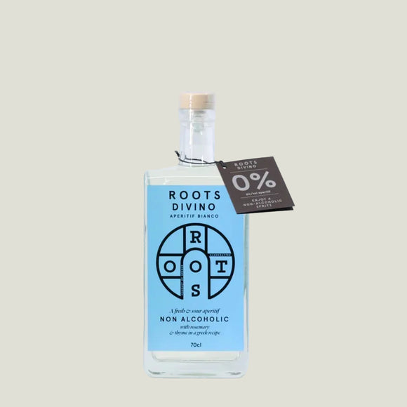 Bottle of Roots Divino non-alcoholic aperitivo with a blue label on a light gray background