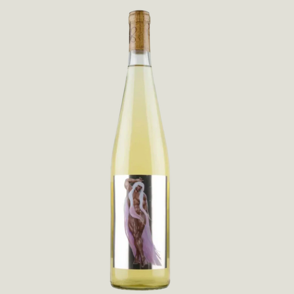 Wine bottle with a label featuring a person in a dress on a white background