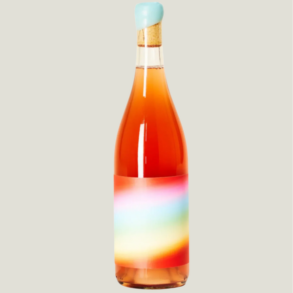Wine bottle with a colorful gradient design on a white background