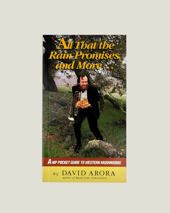 Book cover of 'All That the Rain Promises and More' by David Arora with a person holding mushrooms in a forest setting.