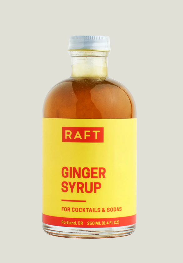 Bottle of RAFT Ginger Syrup on a white background