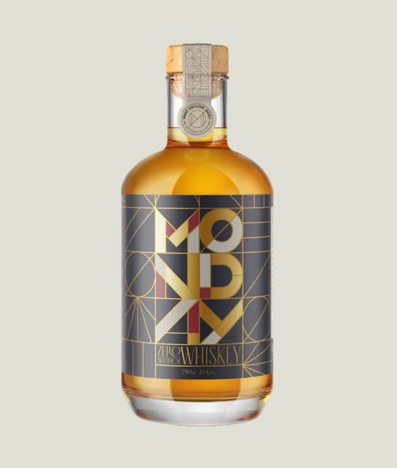 Bottle of Kondi Whiskey with geometric label on a white background