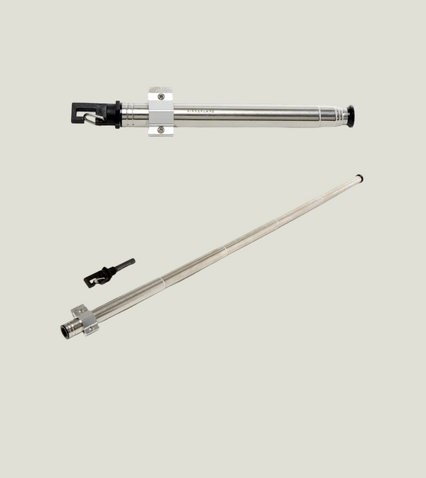 Telescopic rod with various components on a white background