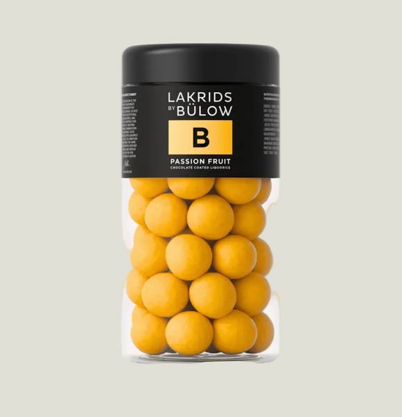 Jar of Lakrids by Bulow passion fruit chocolate truffles on a white background