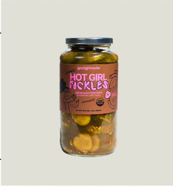 Jar of 'Hot Girl Pickles' with a label on a light gray background