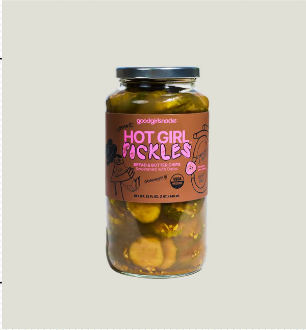 Jar of 'Hot Girl Pickles' with a label on a light gray background