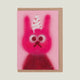 Greeting card with a pink spray painted bunny wearing party cone hat on pink background