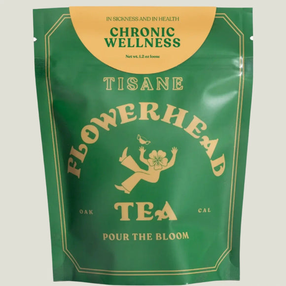 Green package of Flowerhead Tea with yellow text on a white background.
