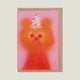 Greeting card with a orange spray painted bear wearing party cone hat on a pink background