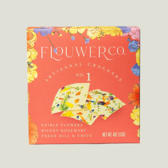 Flower co crackers packaging with colorful design on an off white background