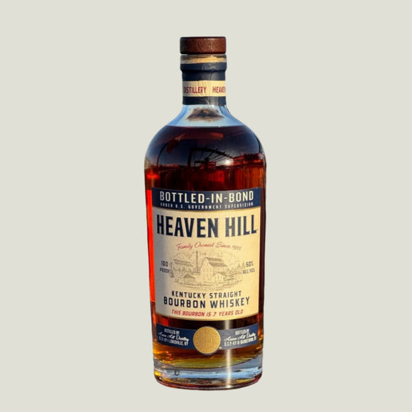 Bottle of Heaven Hill Kentucky Straight Bourbon Whiskey on a light gray background.