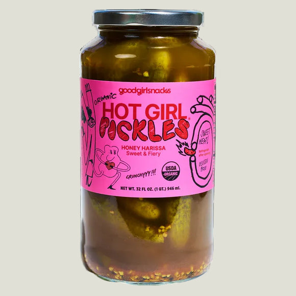 Jar of 'Hot Girl Pickles' with a pink label on a light gray background