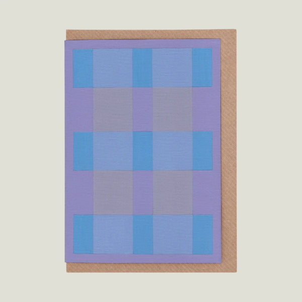 Plaid patterned greeting card with blue and purple squares