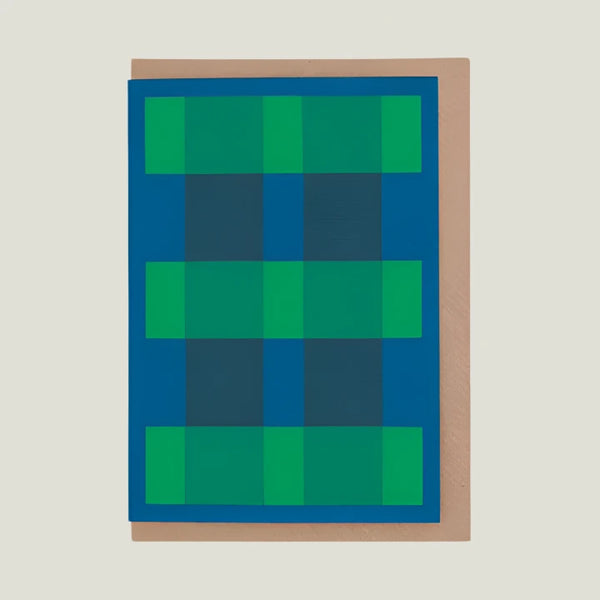 Greeting card with blue and green checkered pattern on a white background