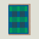 Greeting card with blue and green checkered pattern on a white background