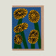 Greeting card with yellow and black floral design on a blue background