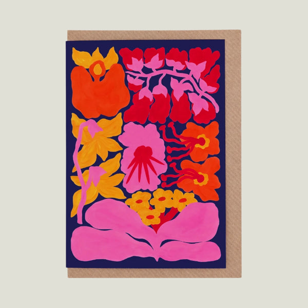 Colorful floral design card with a blue background