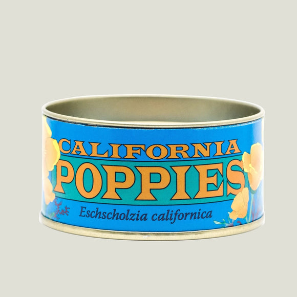 Canister labeled 'California Poppies' with blue label and gold rim on a white background
