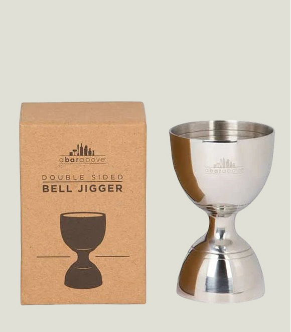 Silver double-sided bell jigger with cardboard packaging on a white background