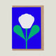 Greeting card with a white flower and green leaves on a blue background