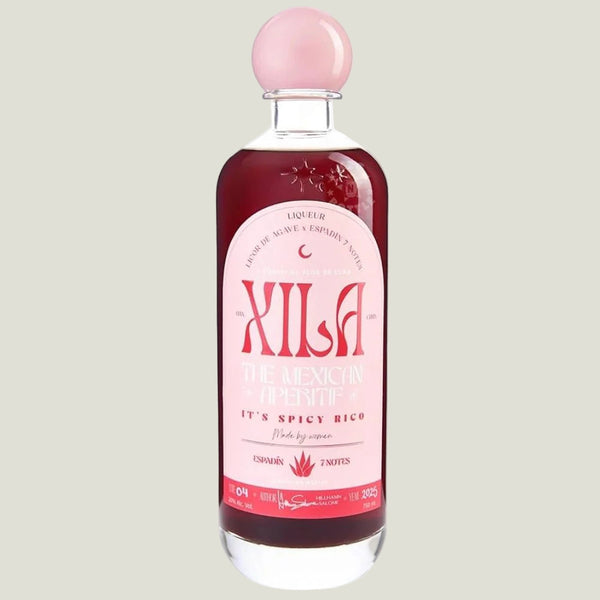 Bottle of Xila liquor with a pink label on a white background