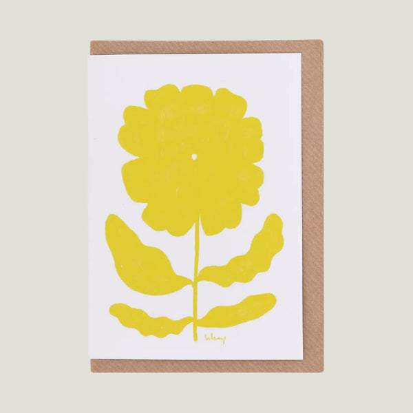 Greeting card with a yellow flower design on a white background