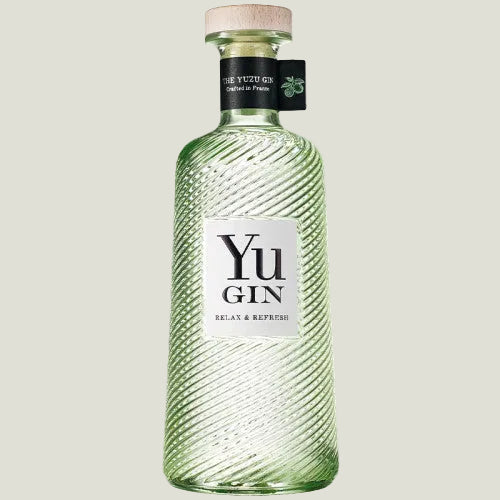 Green bottle of Yu Gin on a white background
